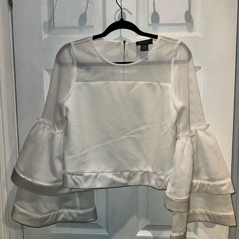 Gracia White Mesh Bell Sleeve Blouse